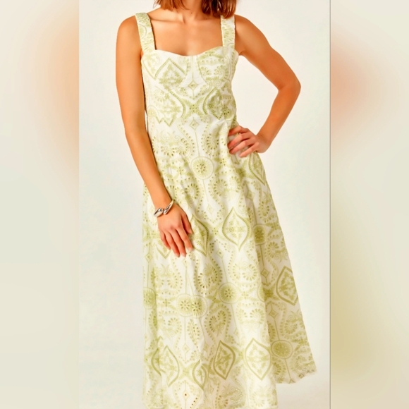 Endless Rose Green Pistachio Eyelet Embroidered White Cotton Maxi Dress Size M - Picture 4 of 16